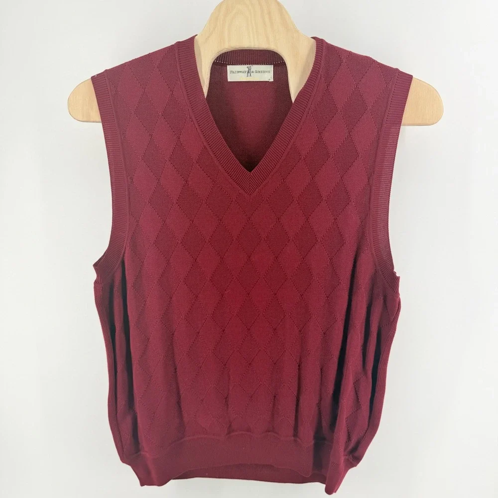 Fairway & Greene Mens XL Pima Cotton Argyle V-Neck Golf Sweater Vest Burgundy